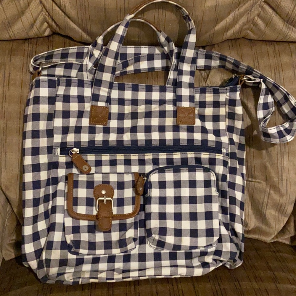 FINAL PRICE DROP! 😎💃🏻🎊 Navy & White Checkered Bag with Brown Detail